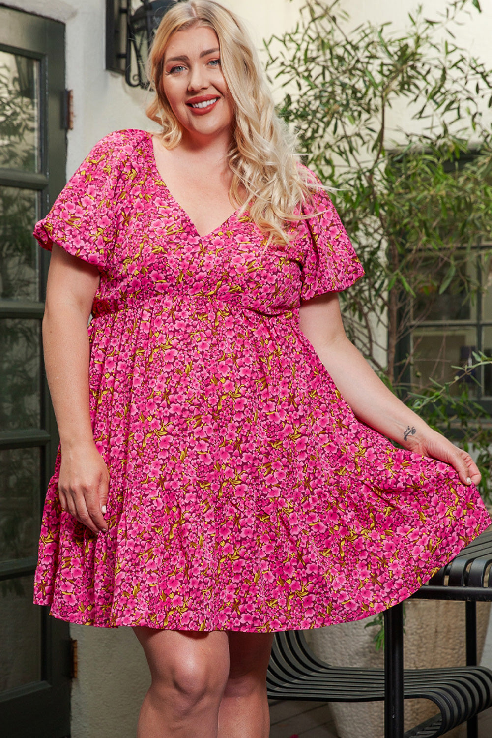 Khaki Floral Print Tiered Flutter Sleeve V Neck Top