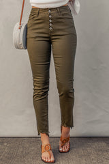 Green Plain High Waist Buttons Frayed Cropped Denim Jeans