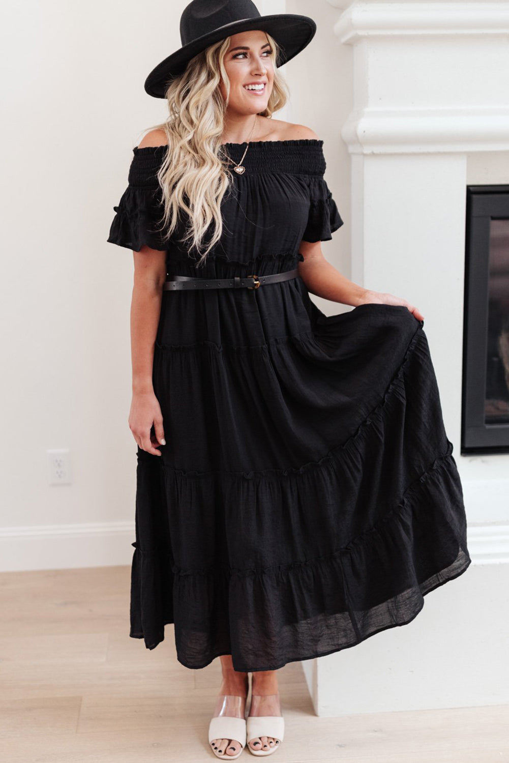 Black Plus Size Smocked Off Shoulder Frill Tiered Maxi Dress