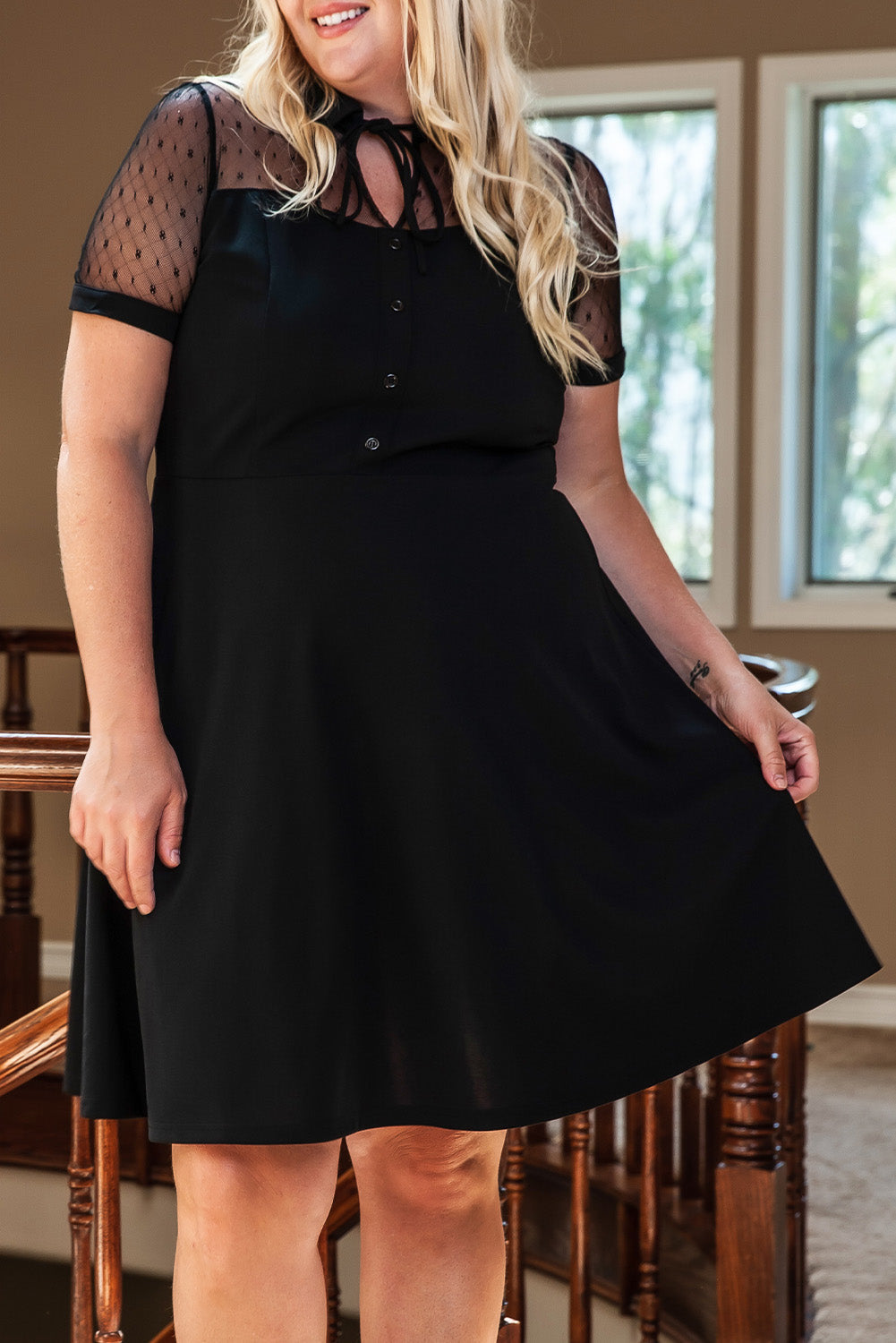 Black Plus Size Collared Mesh Yoke Fit Flare Dress