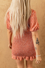 Red V Neck Printed Smocked Mini Dress