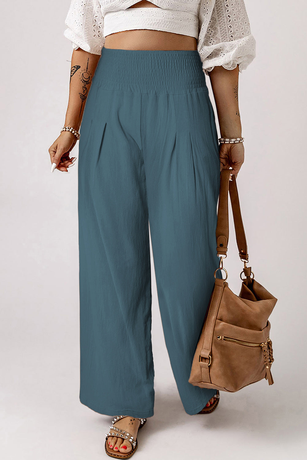 Black Smocked Wide Waistband High Waist Wide Leg Pants