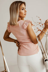 Pink Contrast Lace Scalloped Neck Petal Sleeves Top