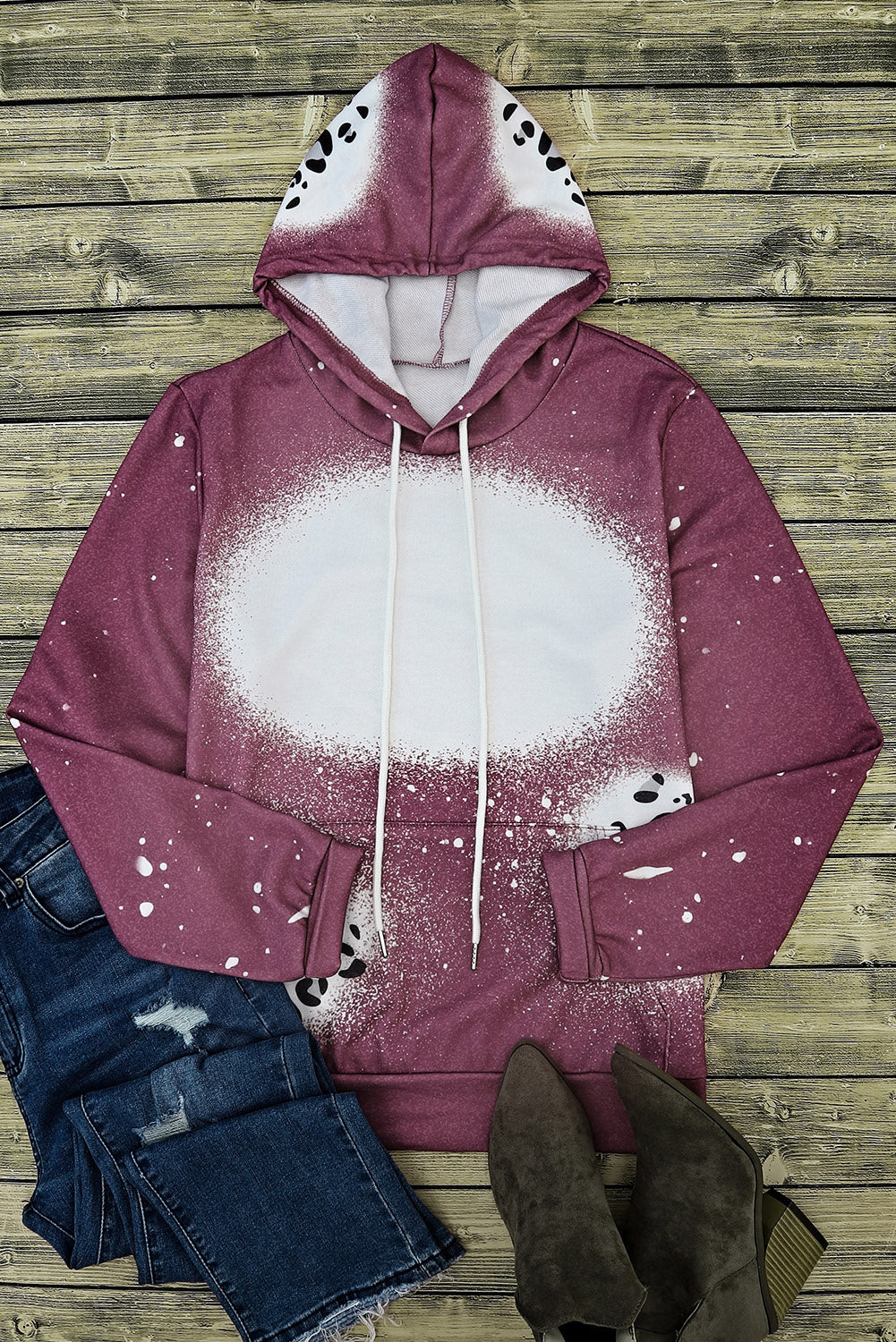Leopard Tie Dye Print Kangaroo Pocket Pullover Hoodie