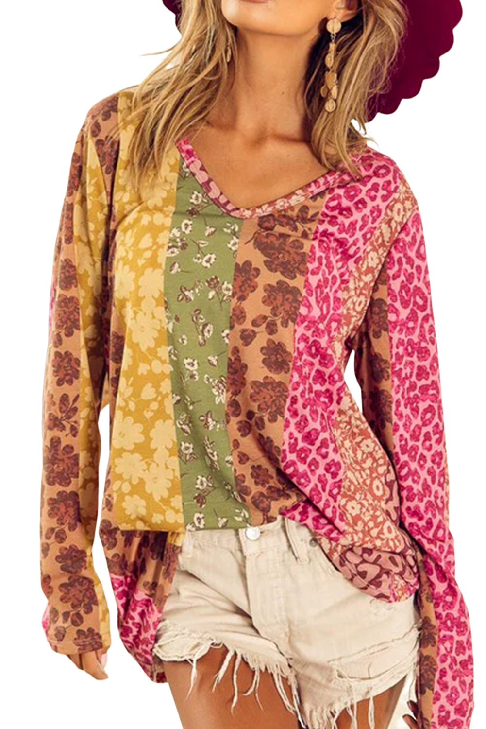 Multicolor Floral Leopard Mixed Print V Neck Long Sleeve Tee