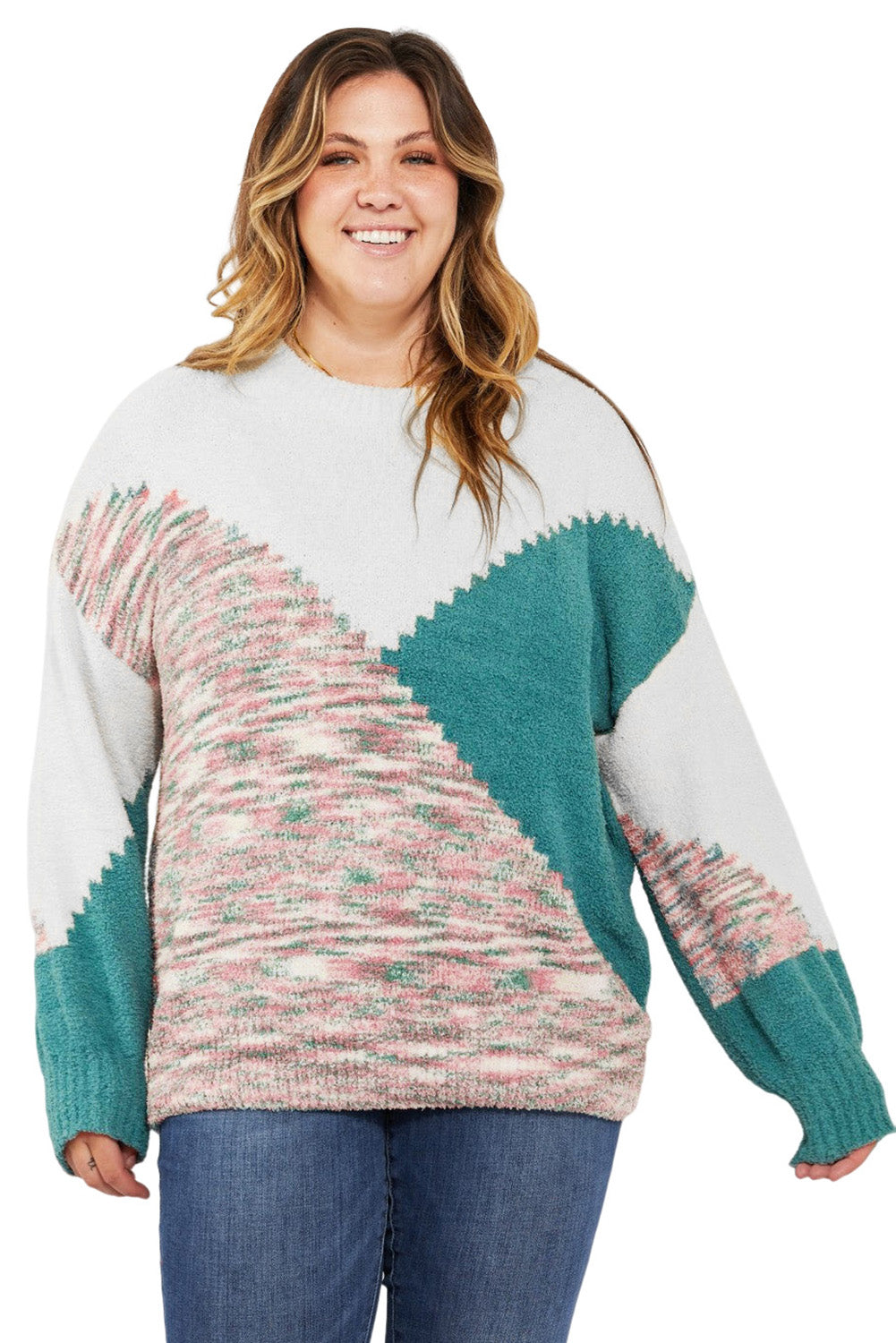 Multicolor Scalloped Color Block Plus Size Sweater