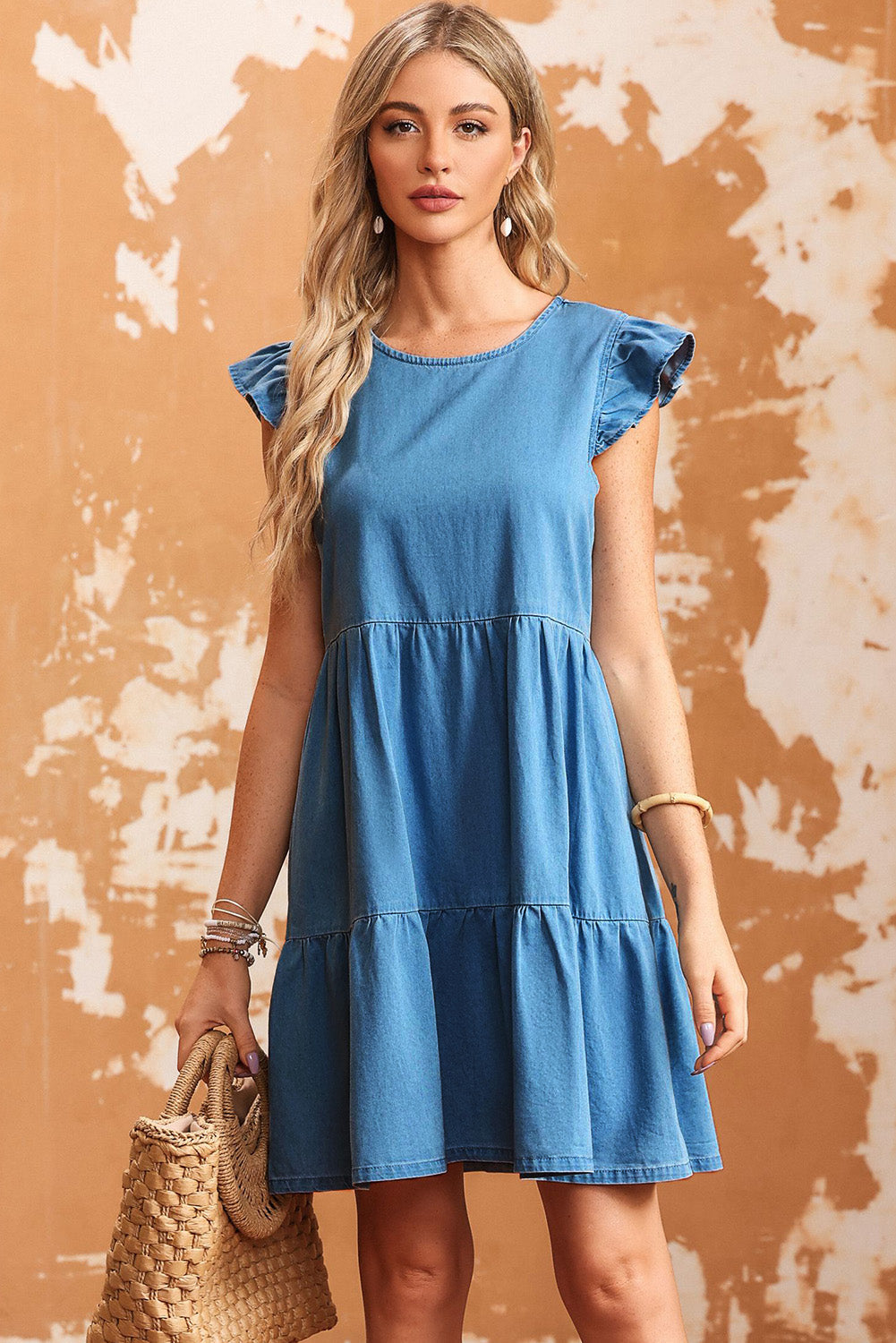 Sky Blue Crew Neck Flutter Tiered A-line Chambray Dress