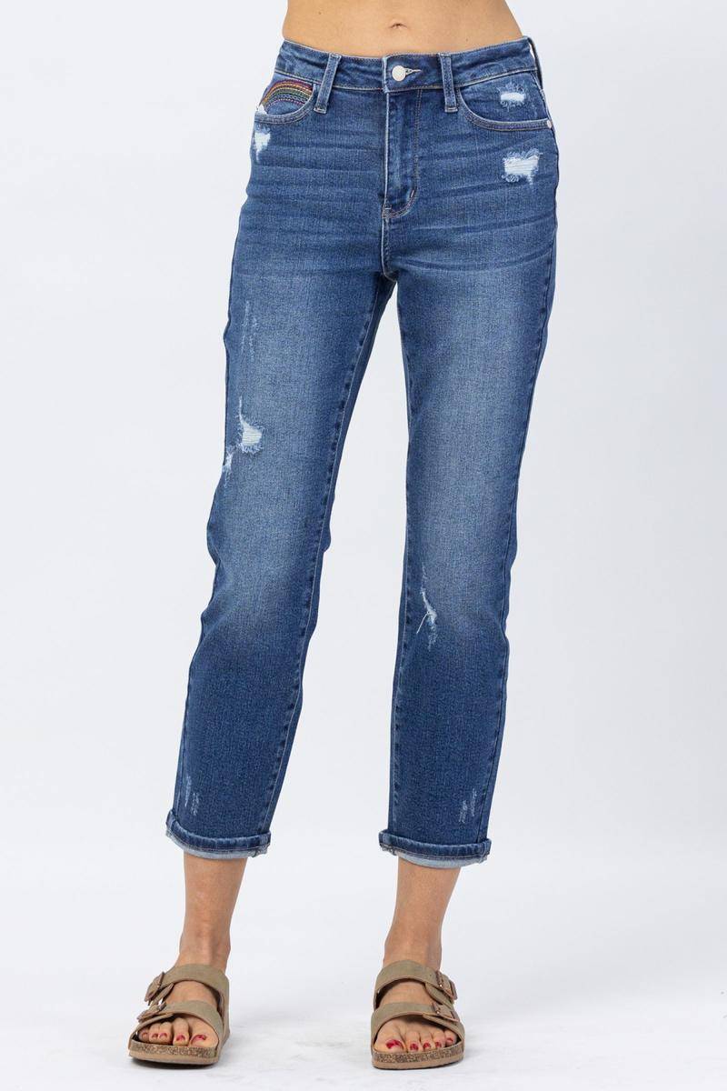 High Rise Rainbow Embroidery Cropped Straight Leg Jeans