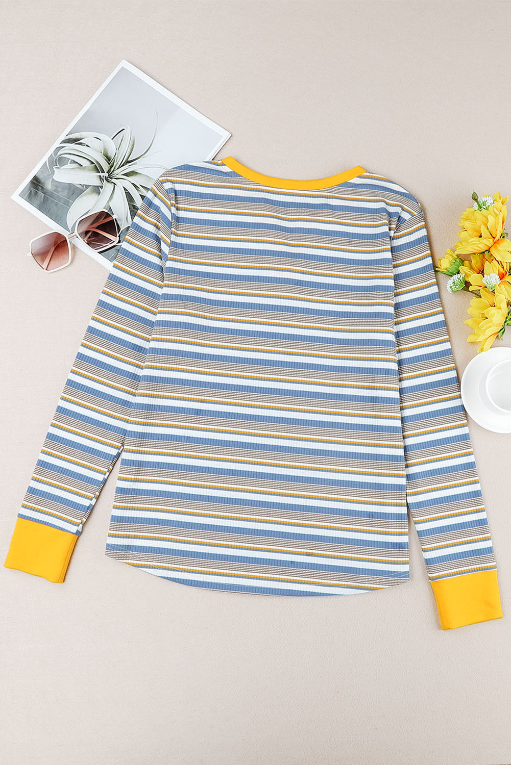 Striped Knit Button Neck Long Sleeve Top