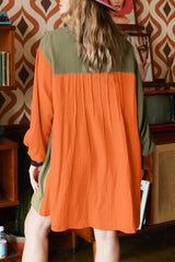 Brown Oversized Colorblock Crinkle Textured Shirt Dress