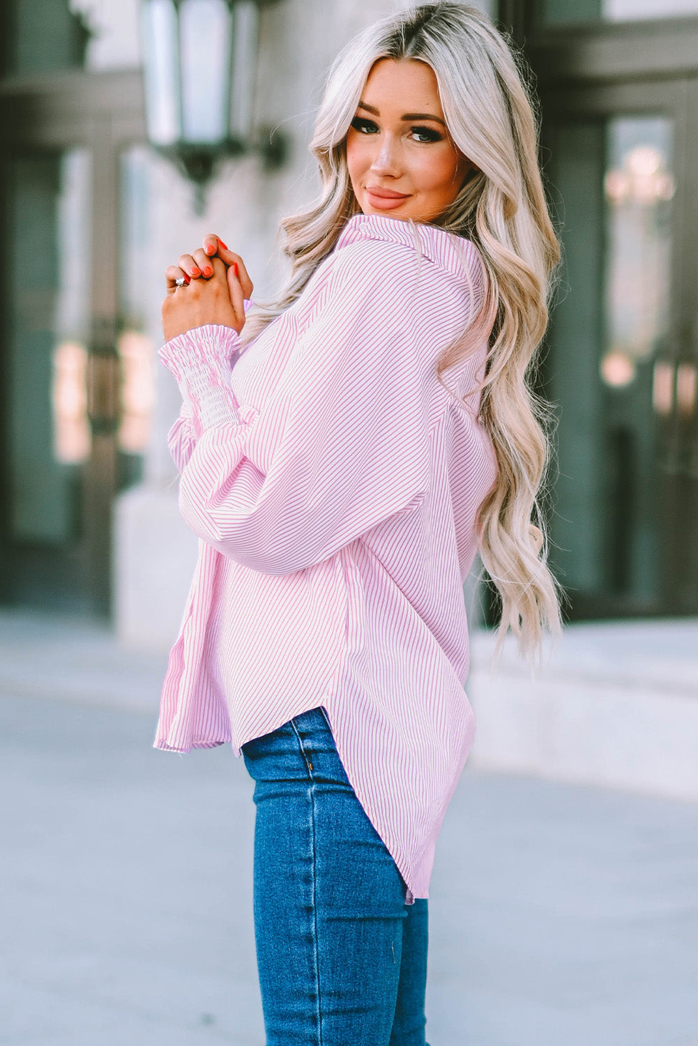 Smocked Cuffed Striped Boyfriend Shirt with Pocket