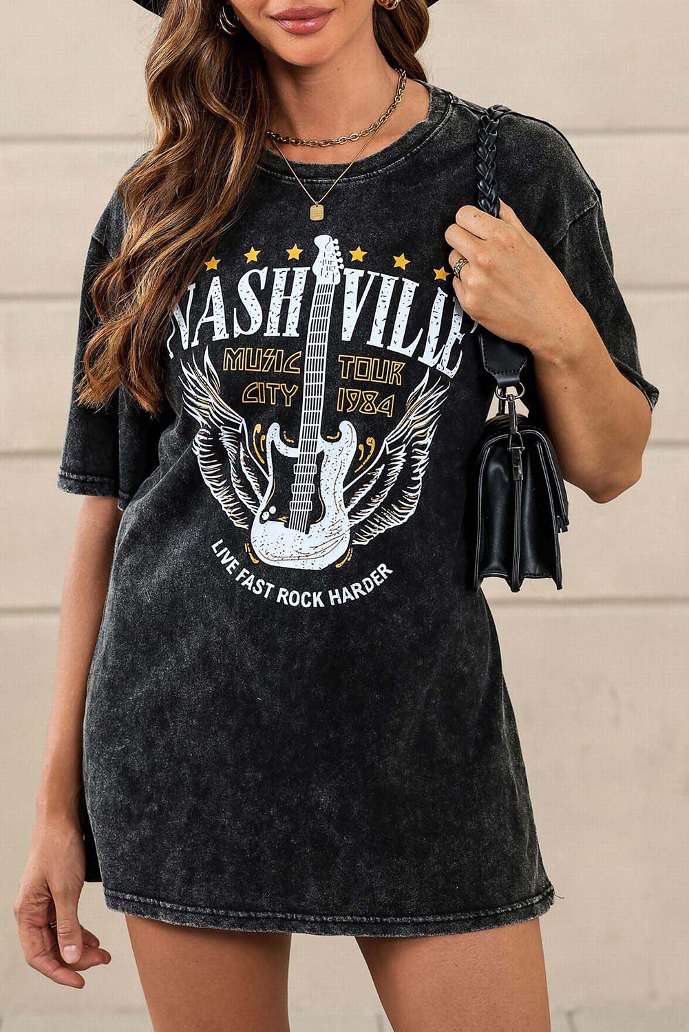 Black Mineral Wash NASHVILLE Vintage Graphic T Shirt