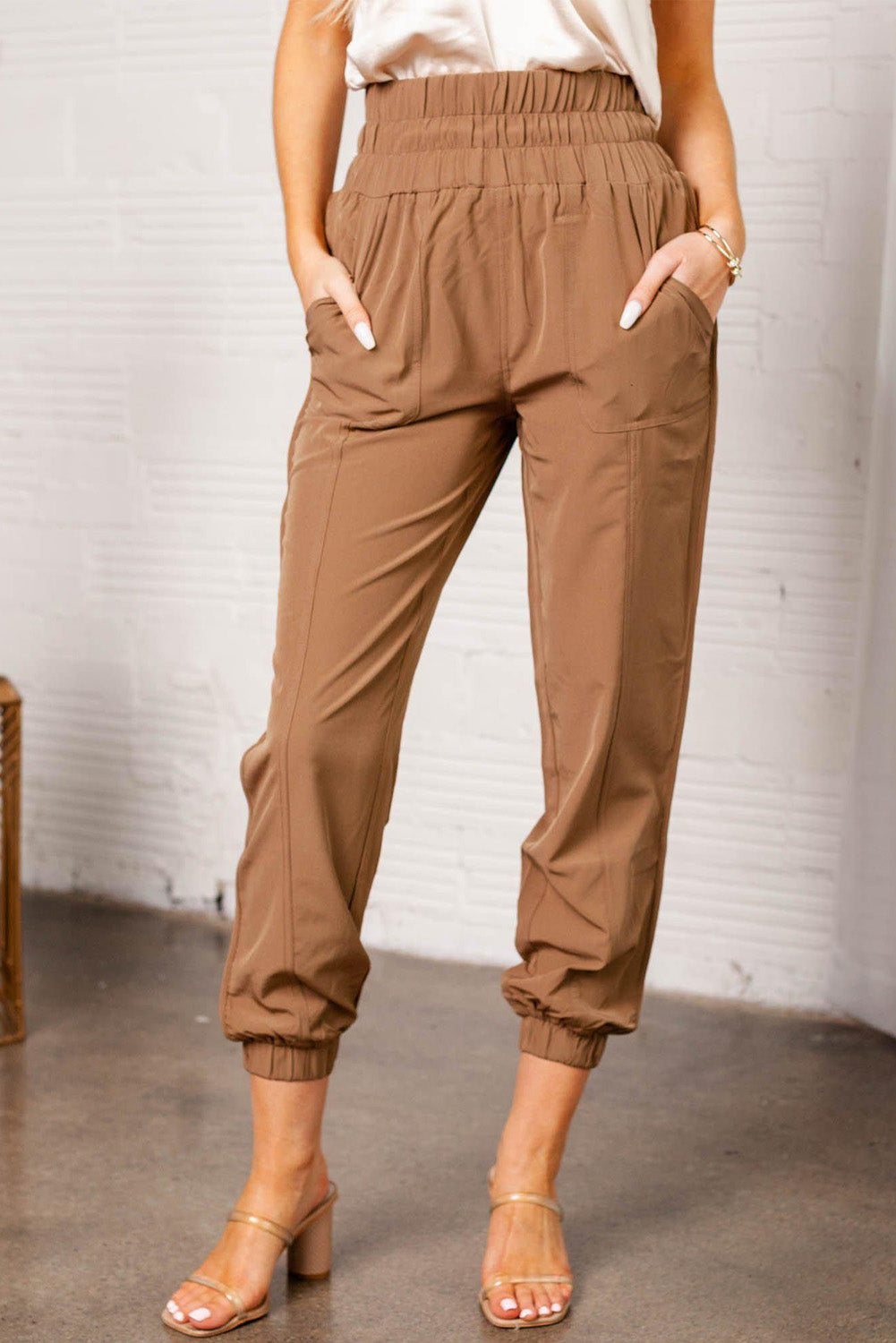 Khaki Smocked Elastic High Waist Joggers