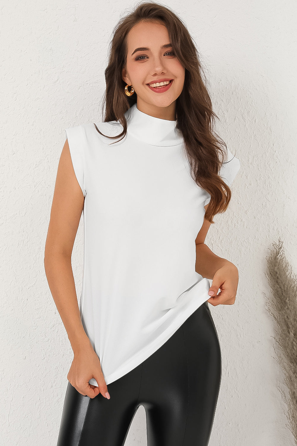 White Solid Color Mock Neck Sleeveless Top