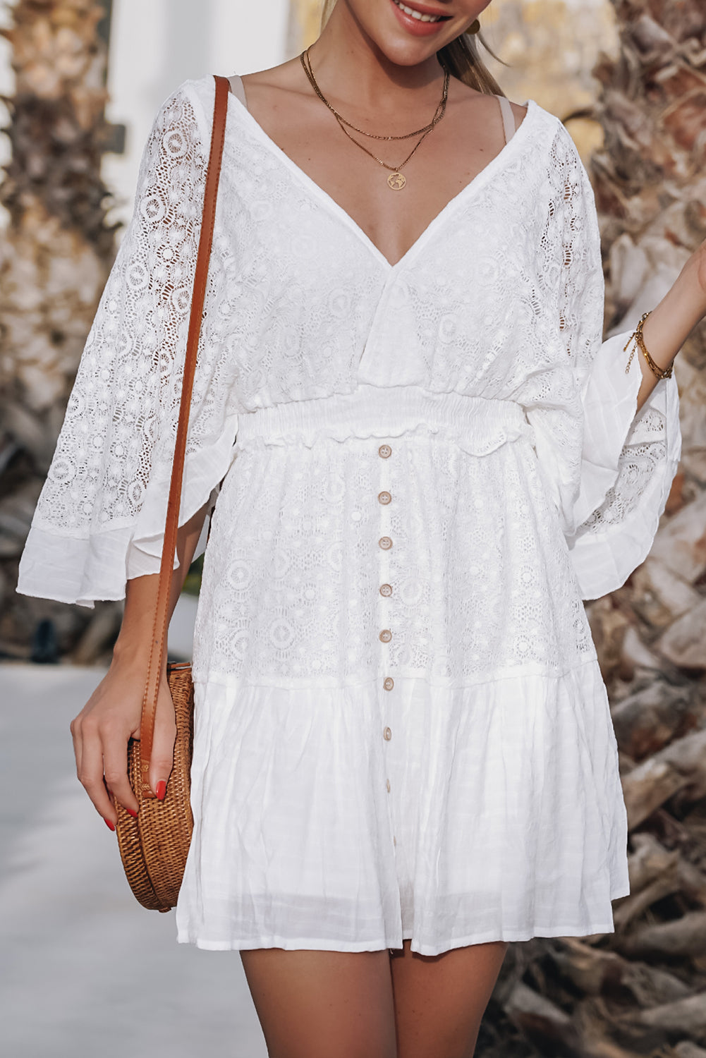 White Lace Crochet Buttons Bell Sleeve V Neck Mini Dress