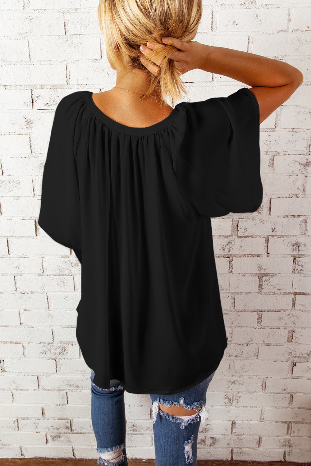 Beige Split Neck Pleated Loose Blouse