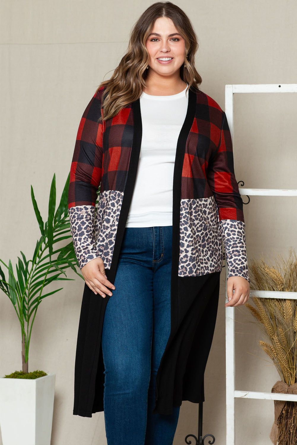 Red Buffalo Plaid Leopard Colorblock Plus Size Duster Cardigan