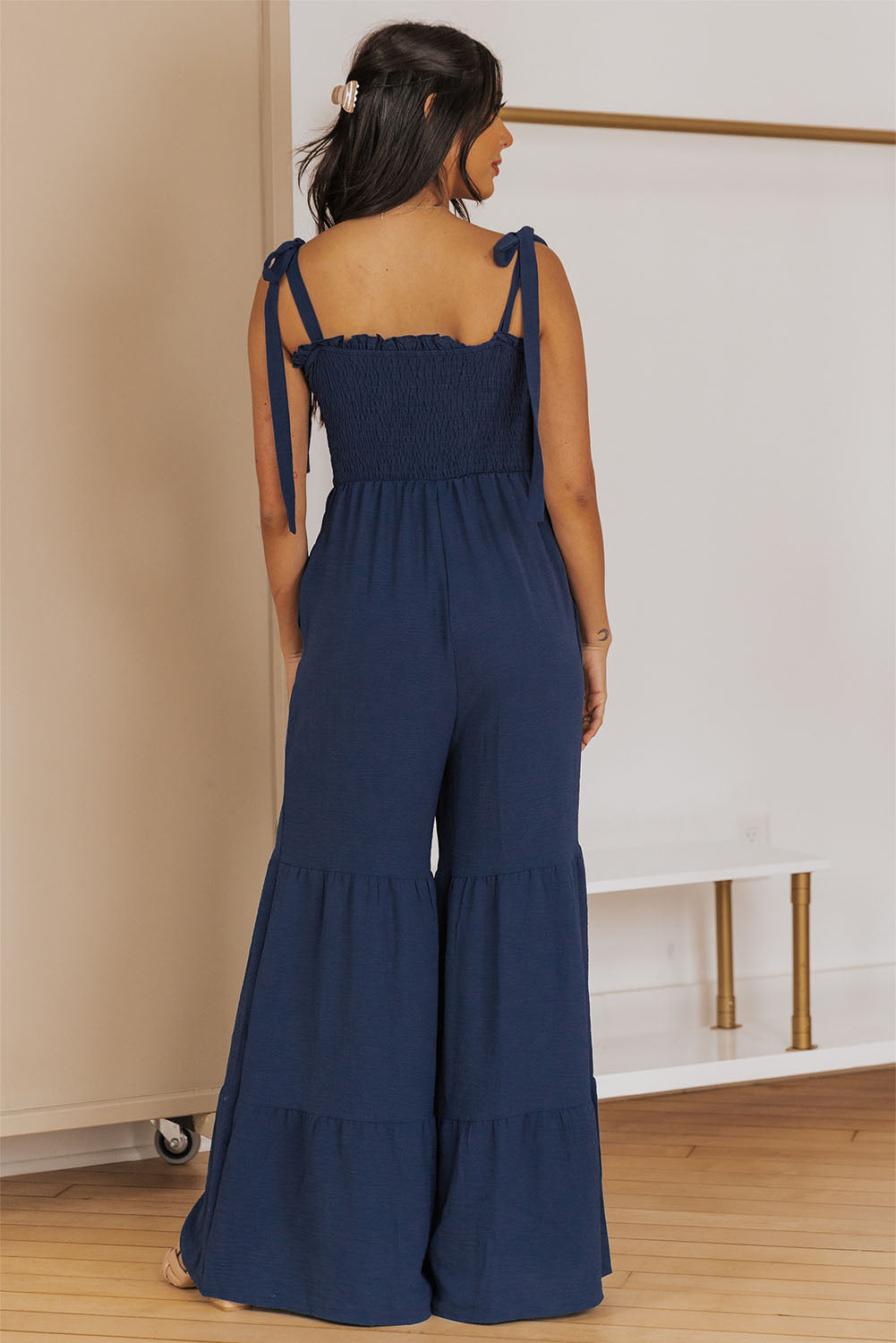 Black Tie Straps Shirred Bodice Tiered Wide Leg Jumpsuit