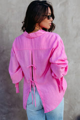 Pink Split Back Tie Knot Buttoned Long Sleeve Shirt