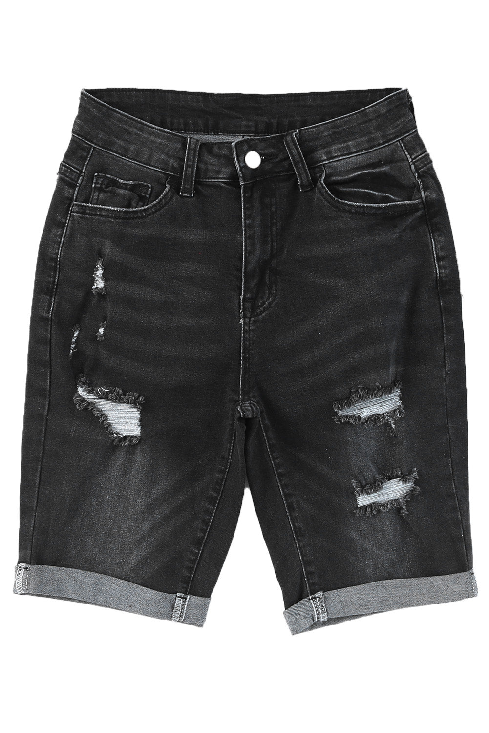 Blue Roll-up Distressed Bermuda Denim Shorts