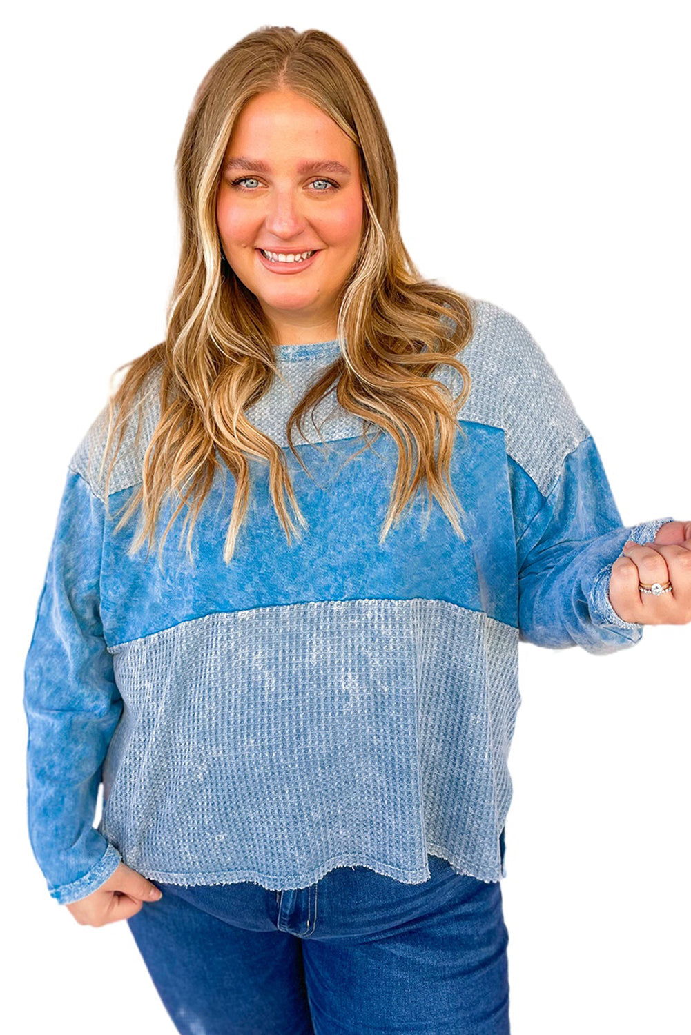 Sky Blue Plus Size Waffle Knit Patchwork Drop Shoulder Top