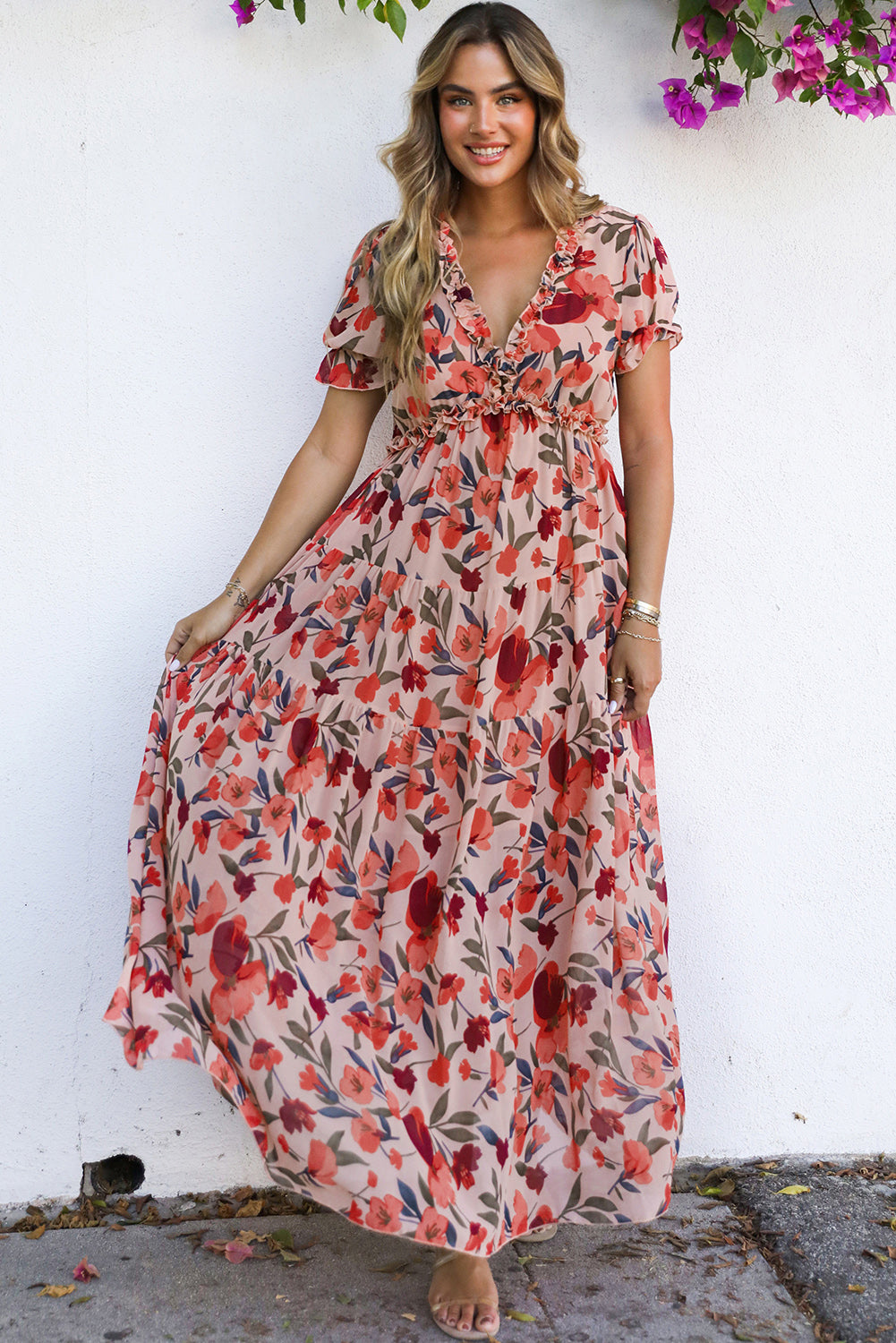 Red Floral Print Frilled V Neck Short Sleeve Maxi Dress