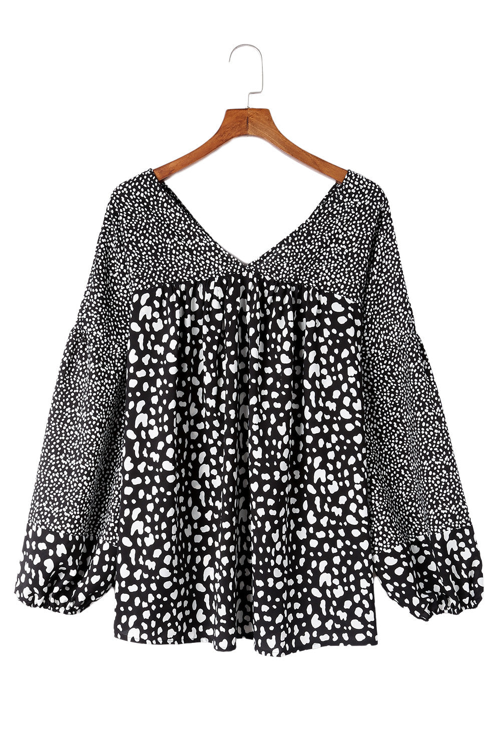 Black V Neck Cheetah Mixed Print Plus Size Blouse