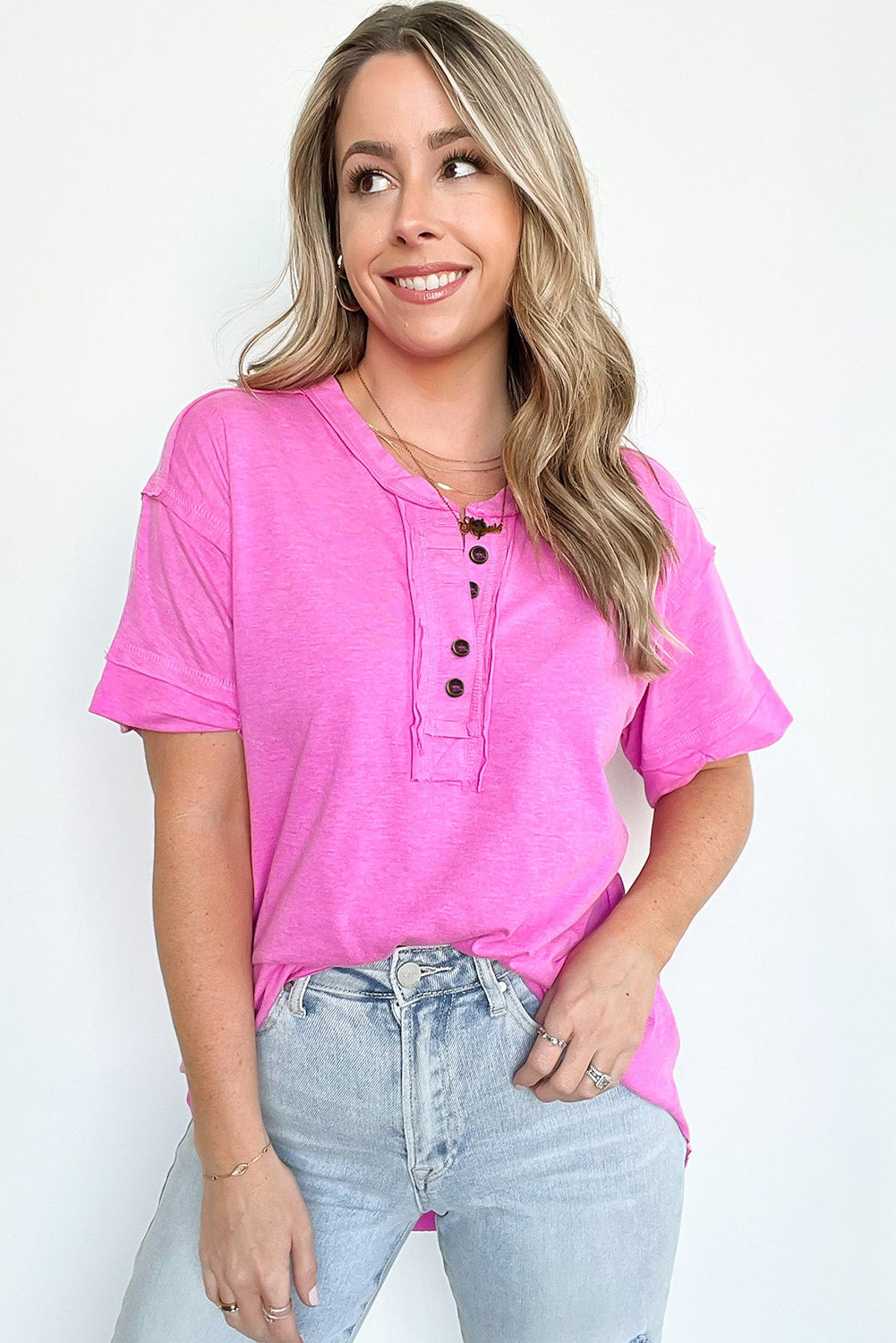 Rose Raw Edge Button Henley Top