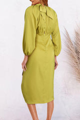 Yellow Ribbon Tie Back Long Puff Sleeve Slit Midi Dress