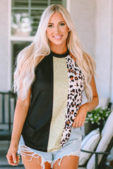 Black Leopard Color Block Casual Tank Top