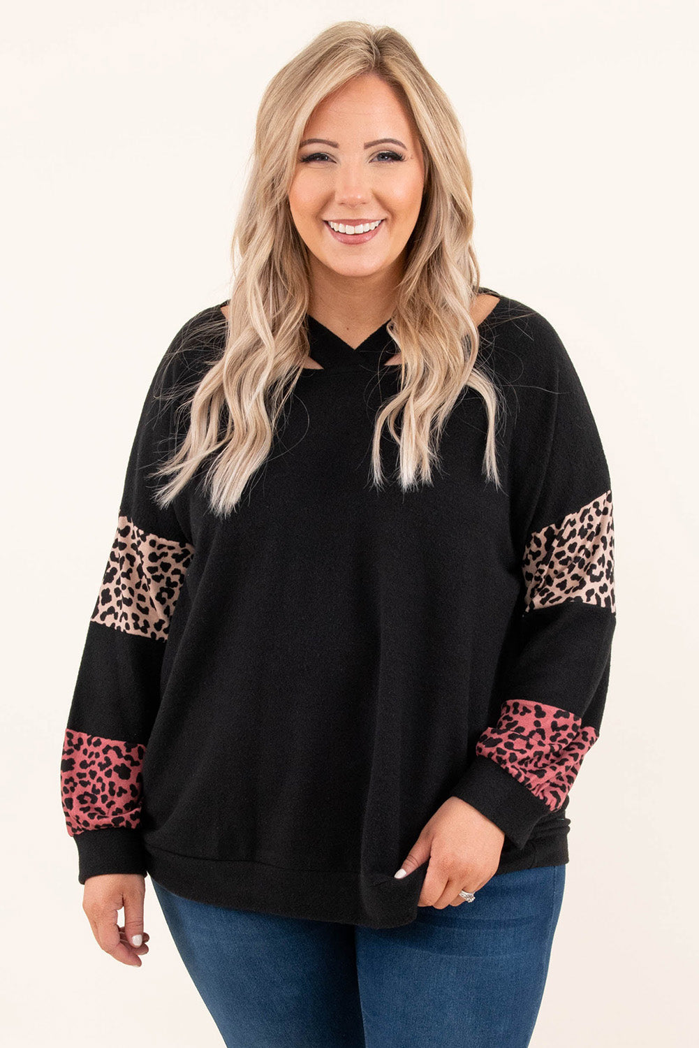 Black Plus Size Leopard Patchwork Strappy Neck Top