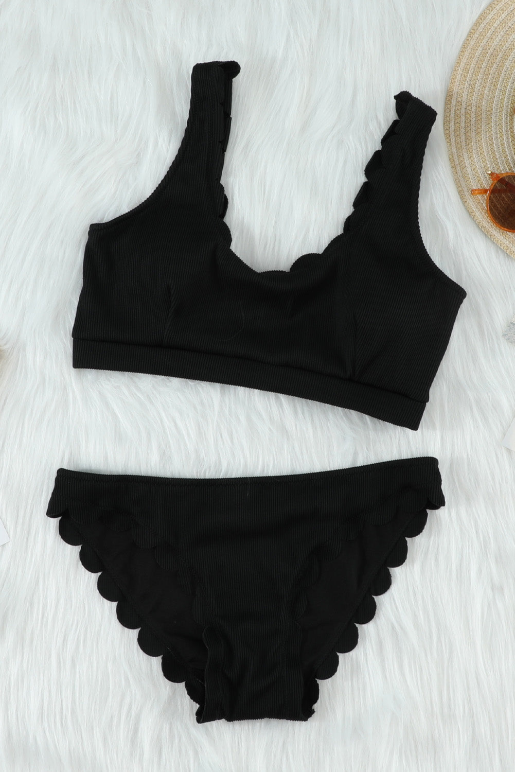 Black Scalloped Low Neck Ribbed Bikini Set