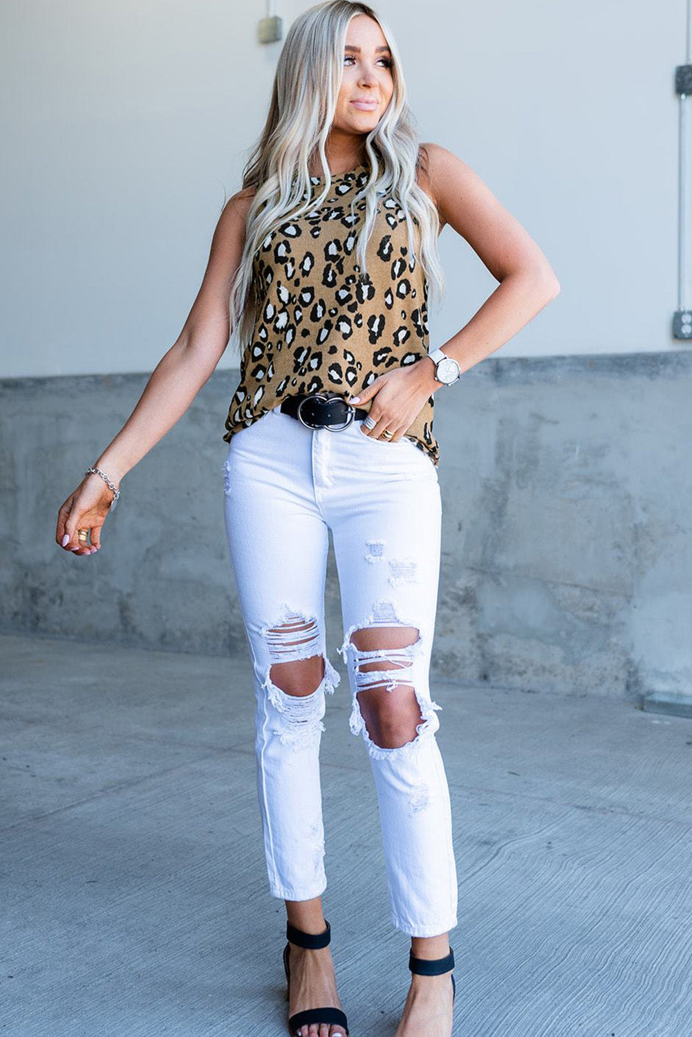 Blue Leopard Print Crew Neck Tank Top