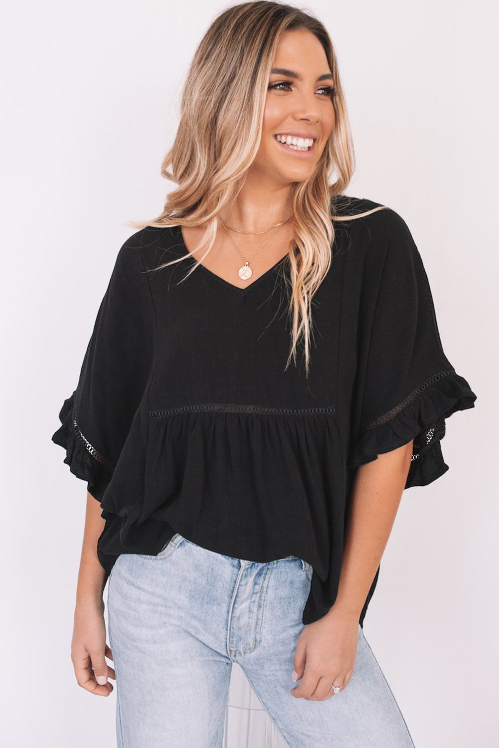 Apricot Ruffled Lace Detail Loose V Neck Top