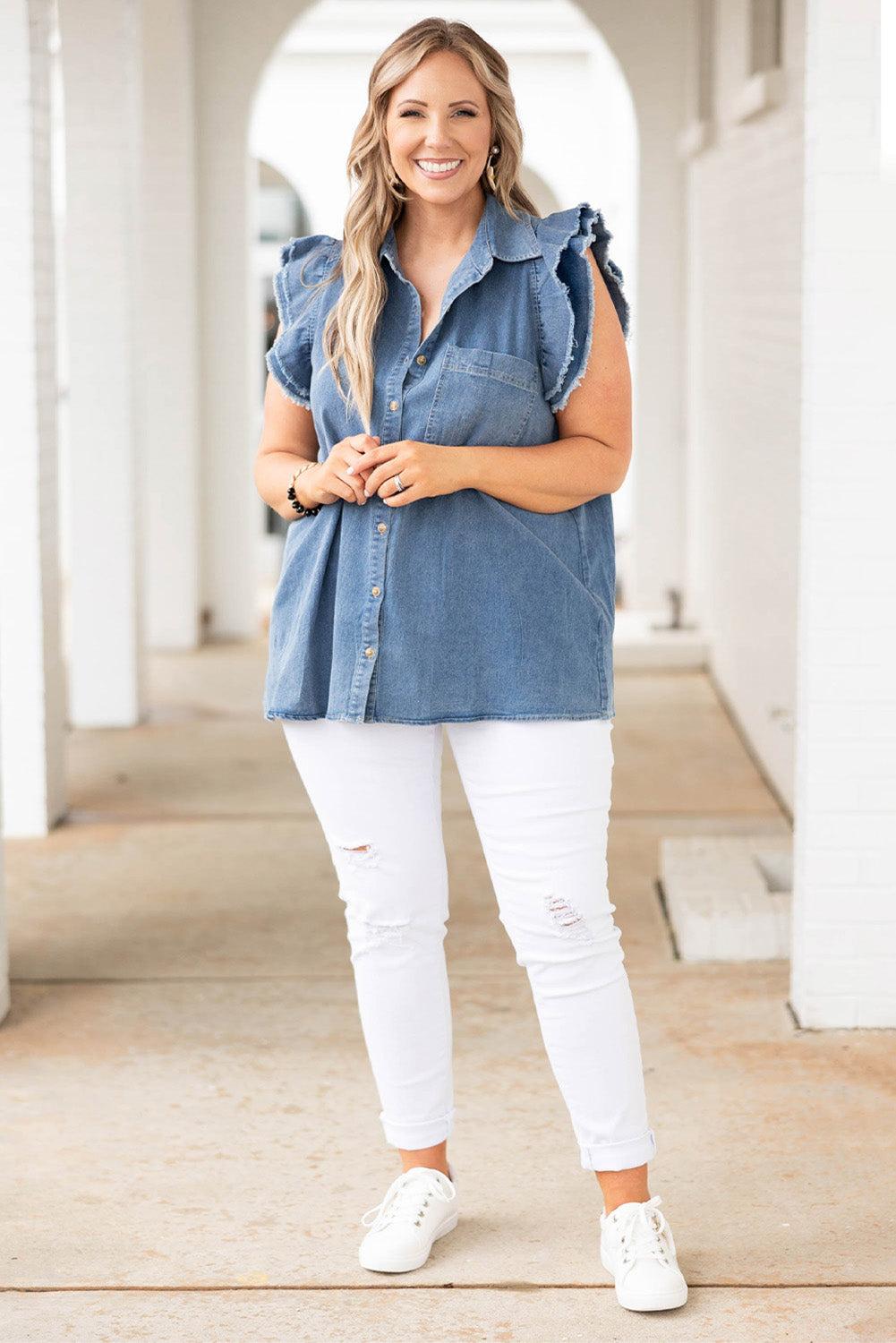 Blue Frayed Ruffle Sleeve Plus Size Denim Shirt