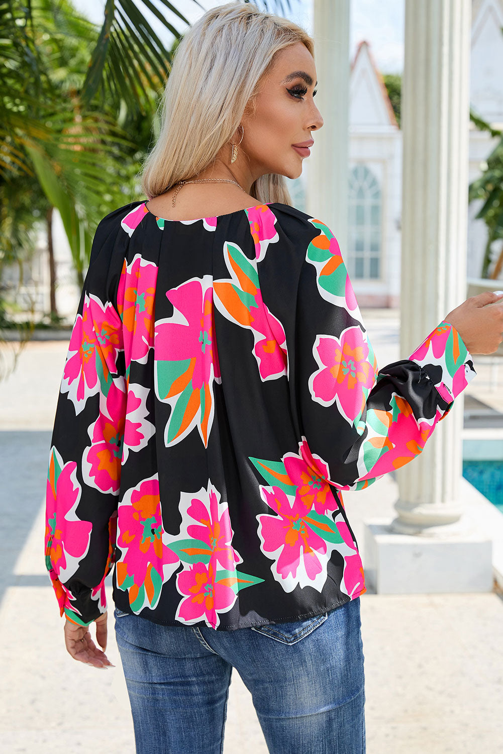 Black Flower Print Puff Sleeve Blouse