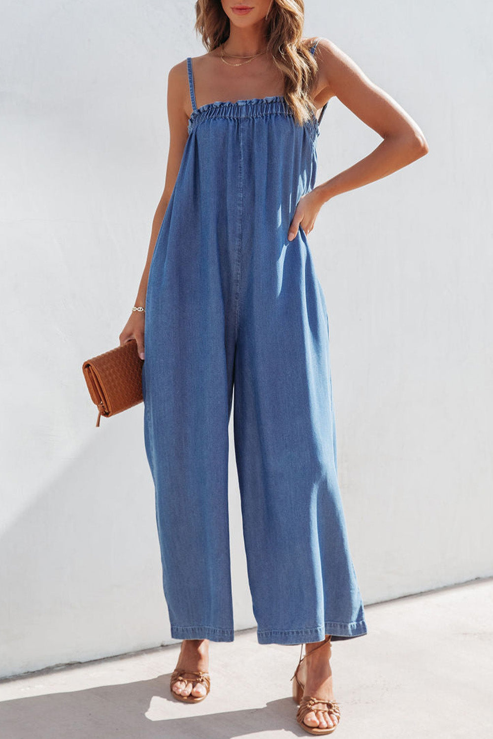 Blue Spaghetti Straps Frilled Neckline Pocketed Wide Leg Denim Jumpsuit