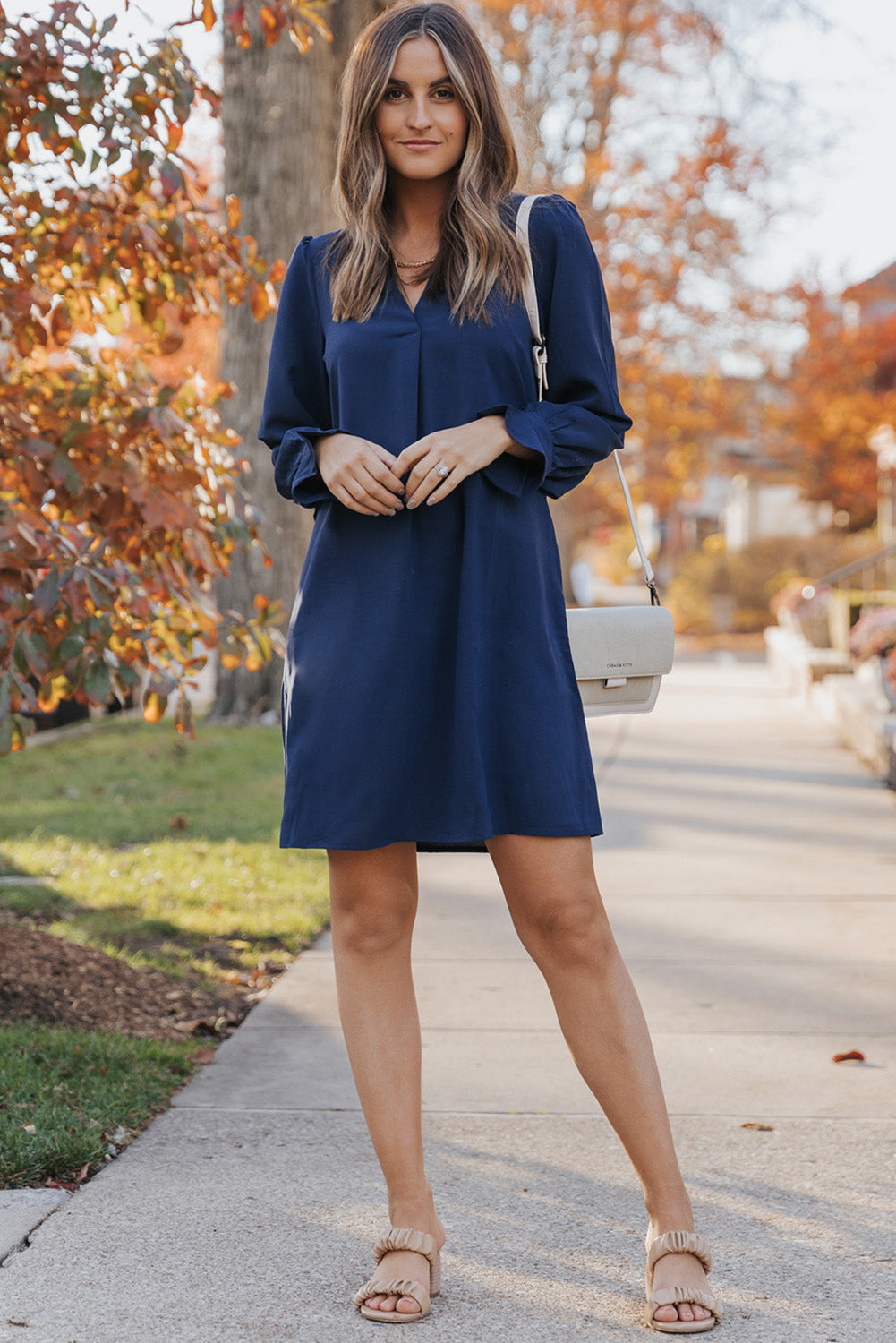 Black Split V Neck Ruffled Sleeves Shirt Dress