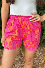 Pink Floral Print Smocked Waist Shorts