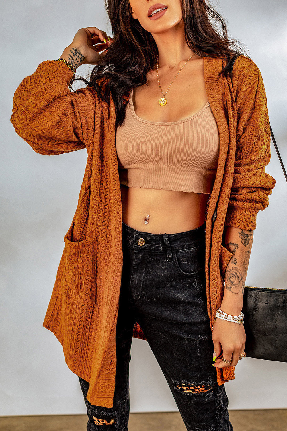 Brown Button Front Pocketed Cable Knit Cardigan