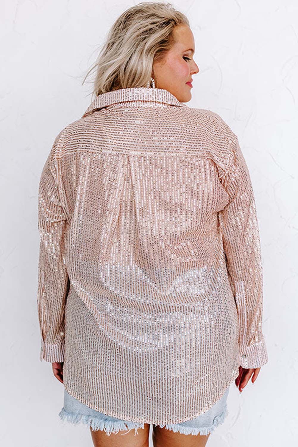 Apricot Sequin Long Sleeve Button-Up Plus Size Shirt