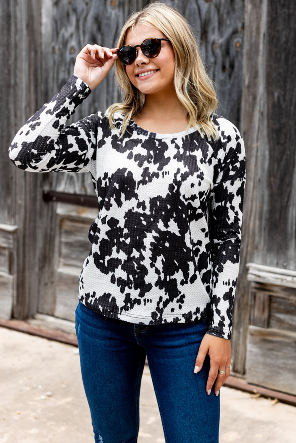 Cow Print U Neck Long Sleeve Top