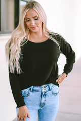 Black Solid Casual Round Neck Raglan Long Sleeve Tee
