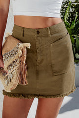 Brown High Waist Pocketed Frayed Hem Mini Denim Skirt