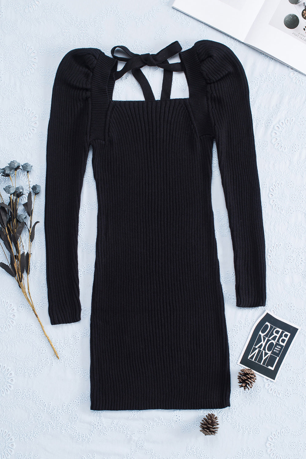 Black Square Neck Puffy Sleeve Sweater Dress