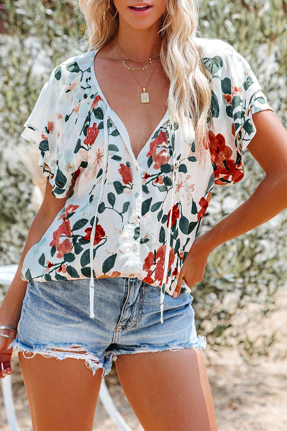 White Floral Print Drape V Neck Short Sleeve Blouse