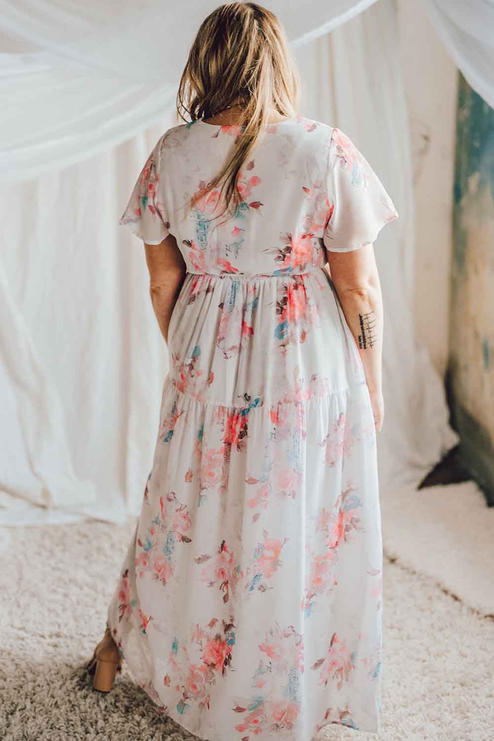 White V Neck Short Sleeves Floral Print Maxi Dress