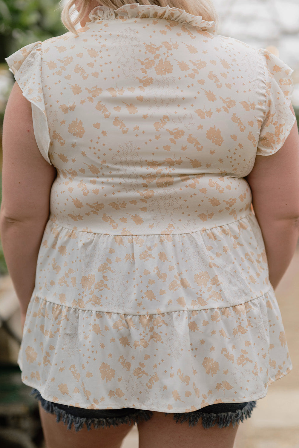 White Ruffled Floral Print Plus Size Top