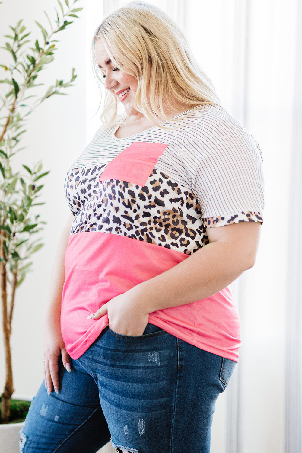 Pink Color Block Splicing Striped Leopard Plus Size Tee