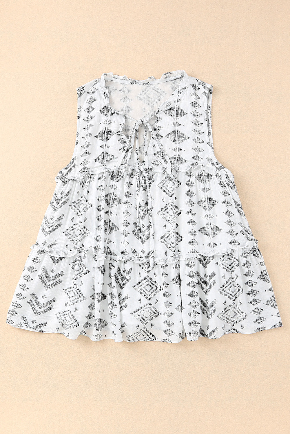 White Tribal Geometric Print Tiered Frilled V Neck Tank Top